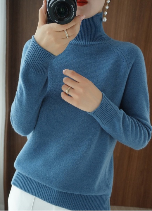 Női pulóver, Jormftte, magas gallérú, puha, kék, kötött