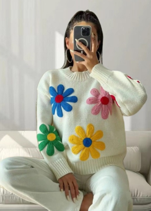 Női fehér virágos pulóver, Fehér, L