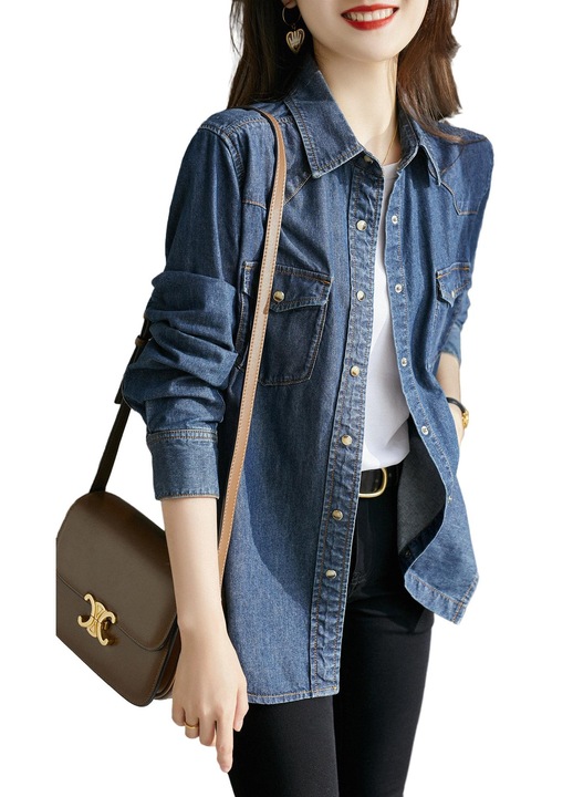 Jormftte női ing, farmer, hosszú ujjú, egyszerű gallér, kék, 100% pamut