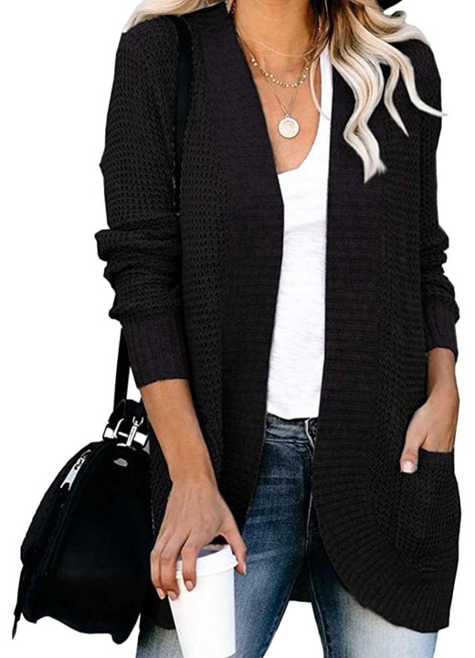 Jormftte női kardigán, hosszú ujjú, oldalsó zsebekkel, Fekete