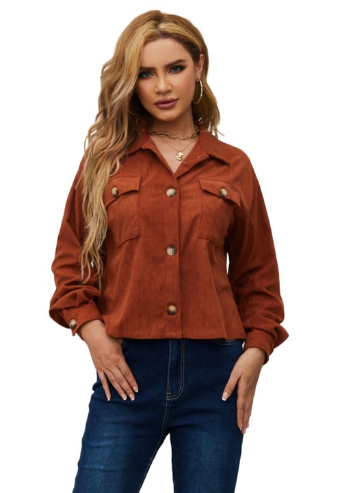 Jormftte női bársony dzseki, téglapiros, hosszú ujjú, rávarrt zsebekkel