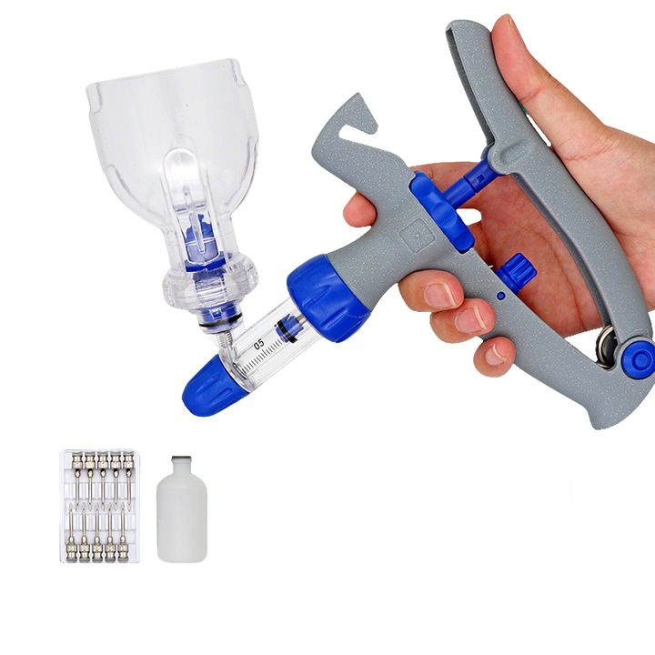 Fudisenn állatorvosi injekciós pisztolykészlet, folyamatos injekció, 5 ml, átlátszó skála, fém anyag, ingyenes 100 ml-es gyógyszeres flakon és 10 rozsdamentes acél tű, kék