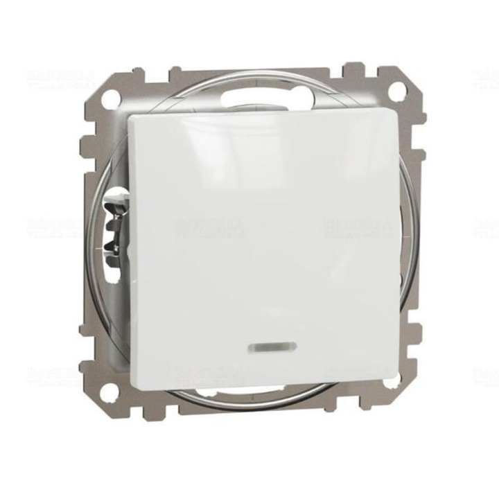 Buton de contact cu comutare Schneider New Sedna, cu indicator luminos albastru, conexiune cu arc, 10a, alb