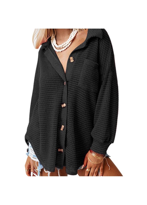 Női kardigán, Jormftte, hosszú ujjú, V-nyakú, zseb, fekete