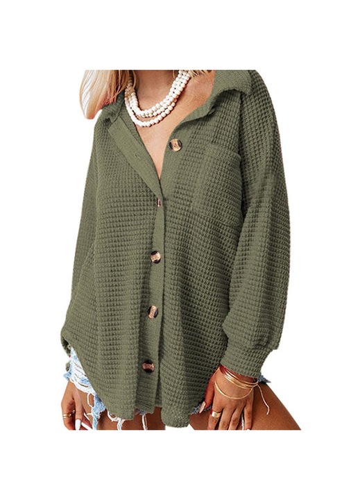 Női kardigán, Jormftte, hosszú ujjú, V-nyakú, zseb, katonazöld