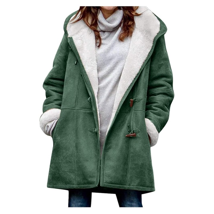 Női hosszú ujjú, szarvasgombos, plüss kabát, fűzöld, Xxl