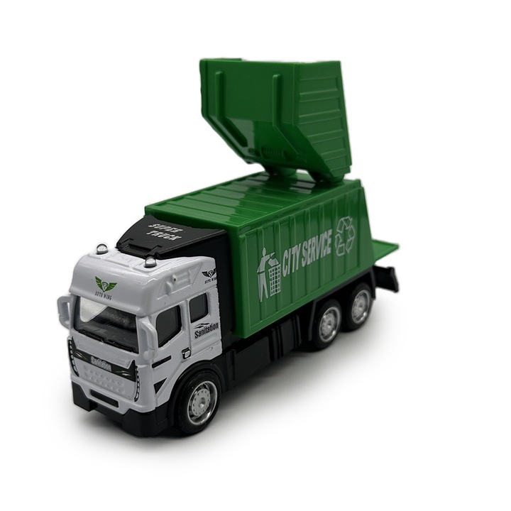 Camion de jucarie, Sanitation Trailer, pentru salubritate, metal, mecanism Pull-Back, 15 cm, + 3 ani, verde, Vision XXI