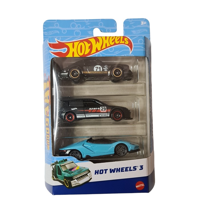 Комплект от 3 метални коли Hot Wheels, Porsche 911, Honda Civic, Lamborghini, Hot Wheels 3, 2024 г., 1:64, многоцветен