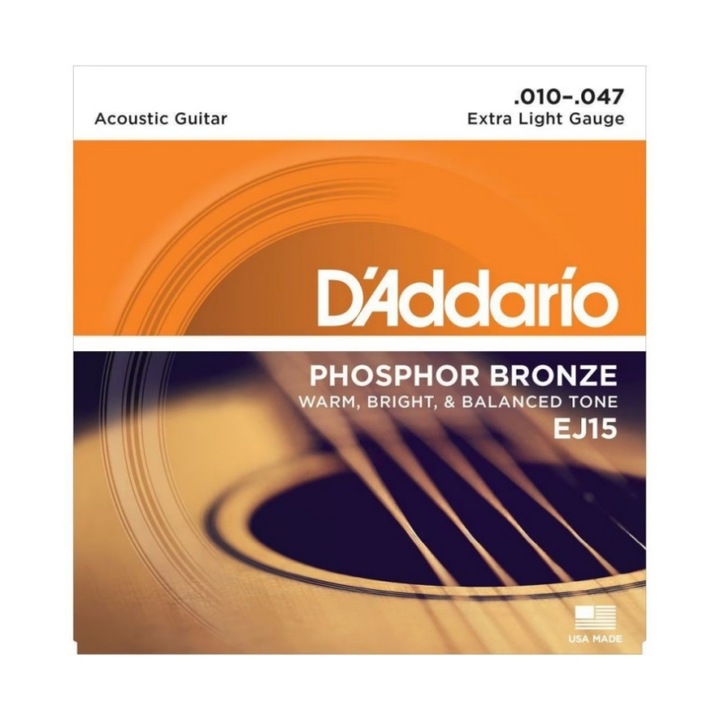 Комплект струни за акустична китара, D'Addario EJ15, изключително леки, фосфорен бронз, 6 струни