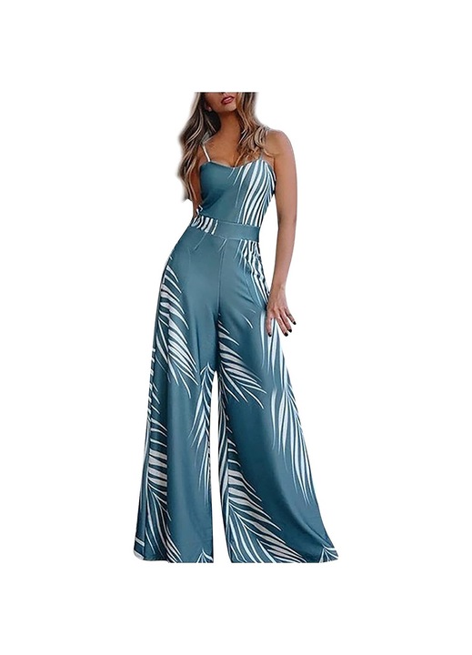 Jormftte nyári, hosszú, virágmintás, magas derekú, kék, elasztikus anyagú overál, 2XL INTL