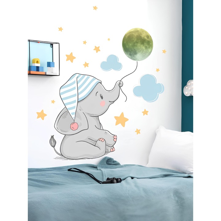 INOVIUS - Sticker Perete Autocolant Fosforescent Bebe Elefant Tinand Luna 95x65cm - 90169