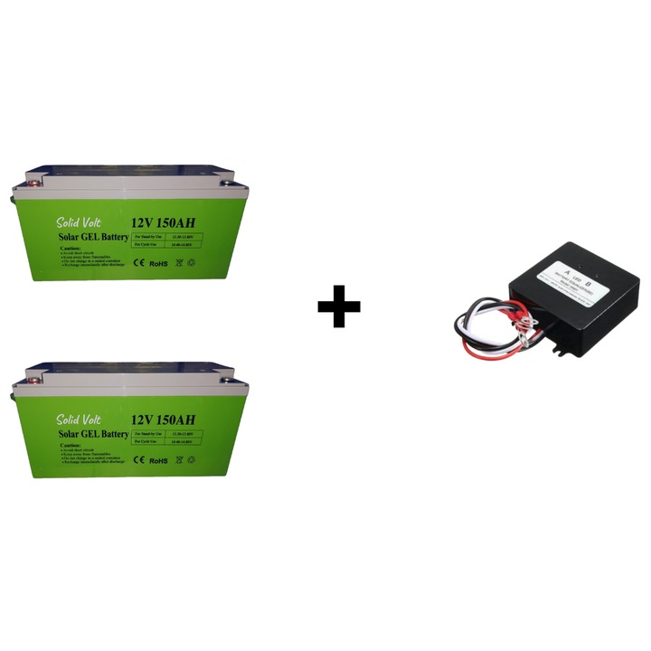 Set acumulatori 150Ah 12V gel solar si egalizator baterii 24V panouri fotovoltaice, rulota, autorulota, sistem solar off-grid, cabana, container, durata de viata 10+ ani
