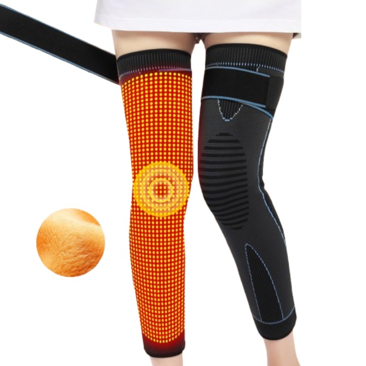 Genunchiera lunga captusita cu blana si banda de fixare, MzcrJosv®, protectie termica si compresie cu extract de pelin, anti-alunecare, marime L, Negru