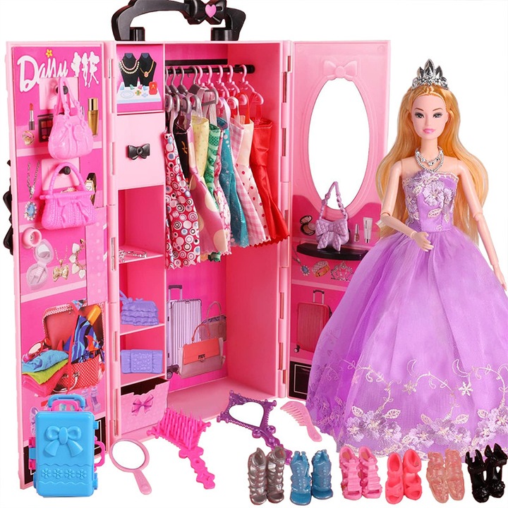 Set de jucarii pentru papusa Barbie, inclusiv haine si diverse accesorii, Fudisenn, articulatii mobile, dulap pentru papusi, portabil, roz, peste 3 ani