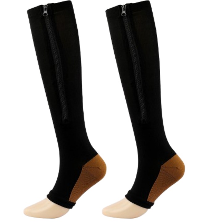 Sosete compresive cu fermoar, lungi, MzcrJosv®, pentru suport gamba, elasticitate si confort in timpul activitatilor sportive, unisex, Marime S/M, Negru