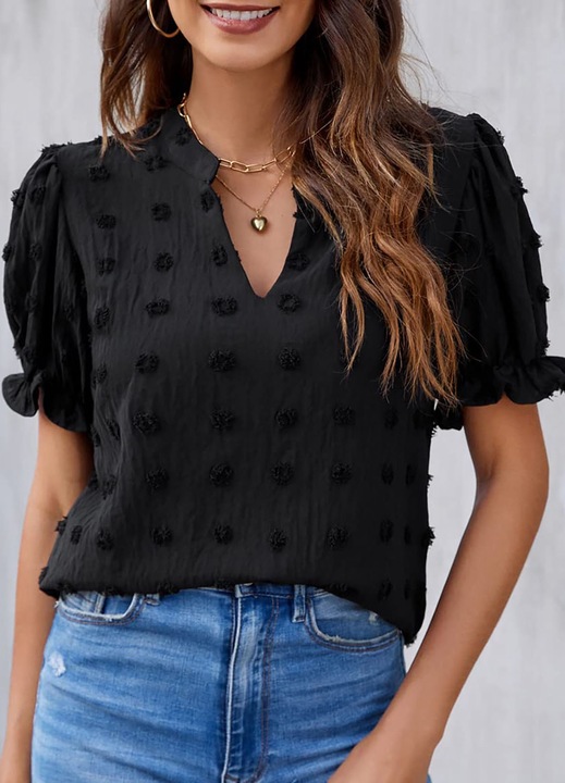 Női ing, Jormftte, sifon, rövid ujjú, V-nyakú, fekete