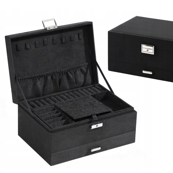 Cutie Pentru Bijuterii, Korbi, F38, Incuietoare Cu Cheie, Pereti Reglabili, Carlige Pentru Coliere, Inaltime 11 cm, Latime 24.5 cm, Adancime 17.5 cm, Negru