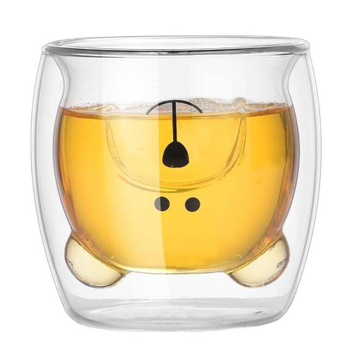 Pahar cu perete dublu, model ursulet, 250ml, 9cm inaltime, sticla, Transparent