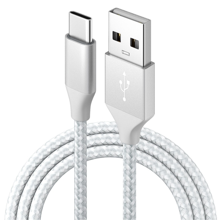 Кабел за данни и бързо зареждане, AHA PRINT®, FastCharge max 3A, за Samsung, Iphone 15, 18W със защита от пренапрежение, бързо и безопасно зареждане, TEXTIL PREMIUM, USB към USB-C, Type C, 3m, перлено бял