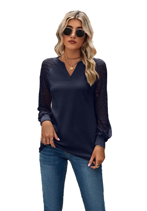 Női ing Jormftte, elegáns, hosszú ujjú, V-nyakú, sötétkék