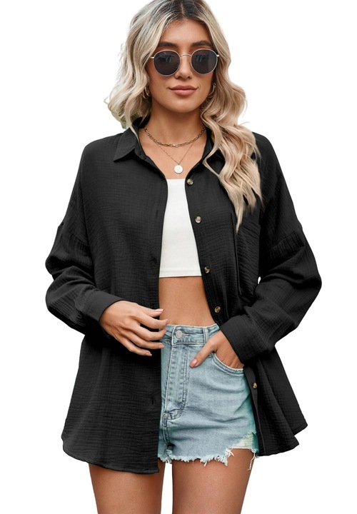 Jormftte női ing, pamut, V-nyakú, hosszú ujjú, fekete, XL nemzetközi