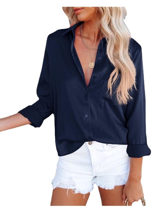 Női ingek, Jormftte, V-nyakú, hosszú ujjú, zsebes, tengerészkék