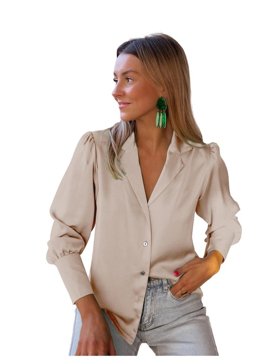 Női ing, Jormftte, V-nyakú, hosszú ujjú, bézs, poliészter