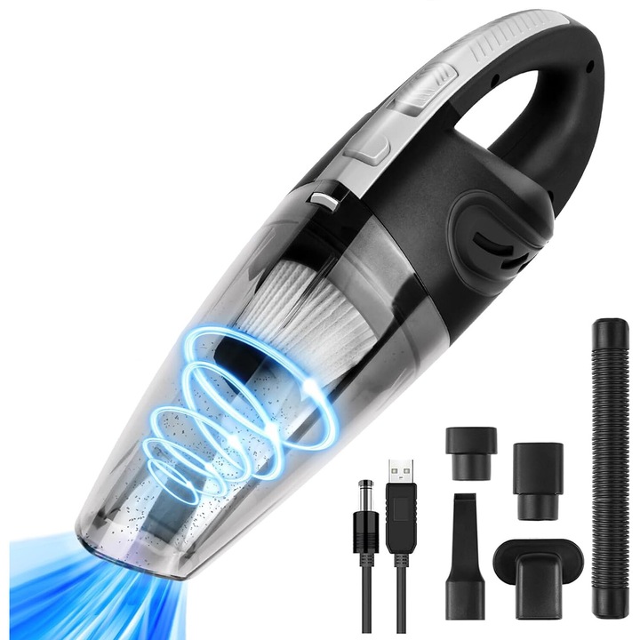 Aspirator Auto Portabil, umed si uscat, 120 W, 2200 Mah, 3200 Pa, Aspiratie Ciclonica, Filtru Hepa, Potrivit pentru masina acasa birou pentru animale de companie, Negru/Gri