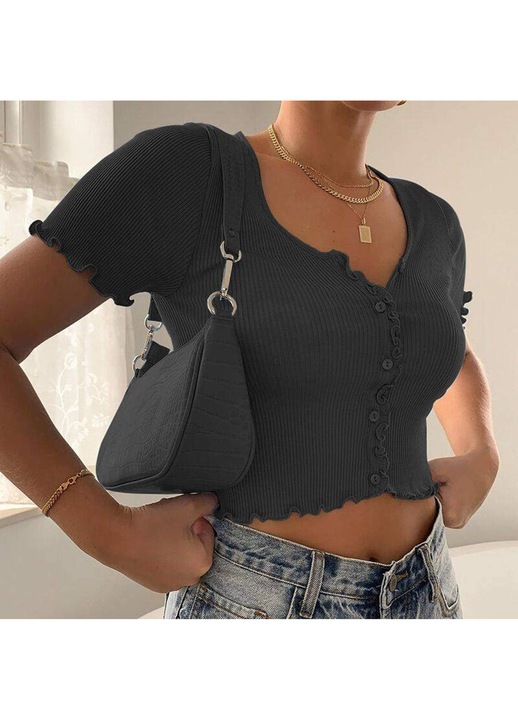 Jormftte rövid póló, Y2K crop top, rövid ujjú, rugalmas anyag, poliészter, fekete, XL INTL