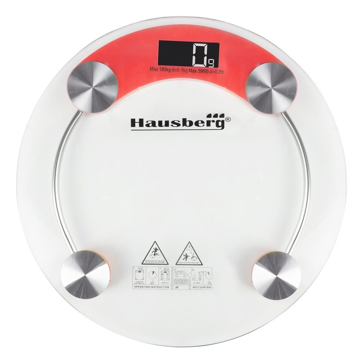 Телесен кантар HAUSBERG HB-6000RS, LCD дисплей, автоматично изключване, индикатор за батерията, 180 кг, Прозрачно стъкло, Червен