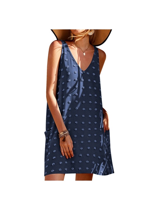 női Jormftte, kék, poliészter, V-nyakú, ujjatlan, pöttyös, Kék