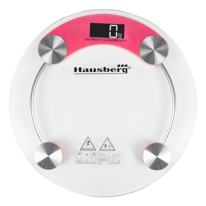 Телесен кантар HAUSBERG HB-6000RZ, LCD дисплей, автоматично изключване, индикатор за батерията, 180 кг, Прозрачно стъкло, Розов