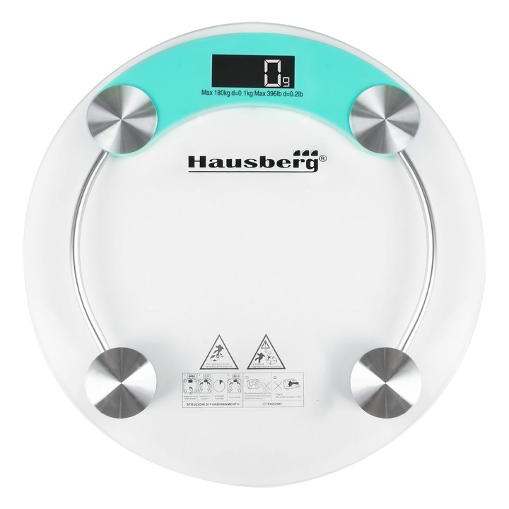 Телесен кантар HAUSBERG HB-6000BL, LCD дисплей, автоматично изключване, индикатор за батерията, 180 кг, Прозрачно стъкло, Син