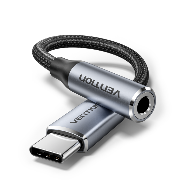 Аудио кабел USB C към 3,5 мм жак, VENTION, найлон, сив, 0,1 м