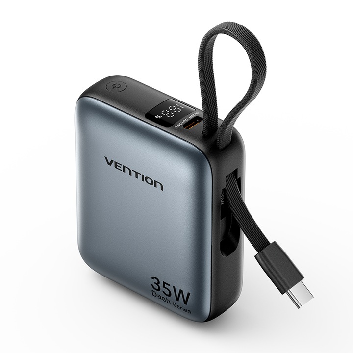Външна батерия, VENTION, 10000mAh, с USB C кабел за данни, 35W PD, цифров дисплей, сив