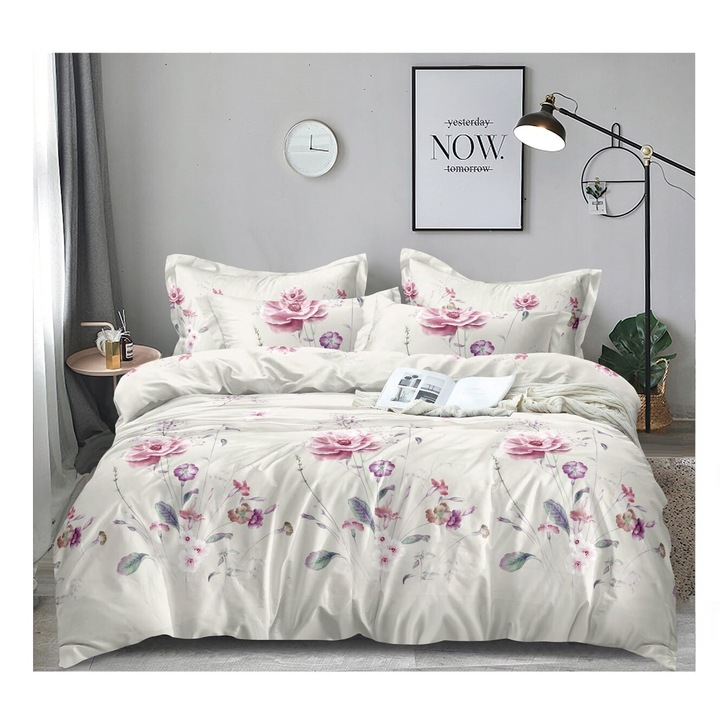 Lenjerie pat dublu, Finet, 6 piese, M18, Alb/Roz