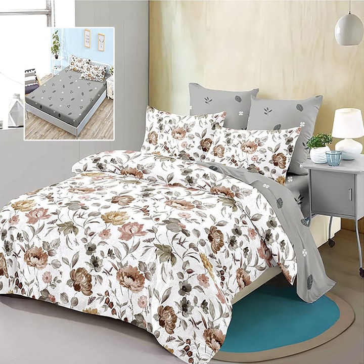Двойно спално бельо Finet Cotton 6 части с калъф за матрак 160x200 или 180x200 см, юрган 200x230 см, 2 калъфки за възглавници 50x70 и 70x70 см, Бяло-Сиво, Pucioasa HF6P229