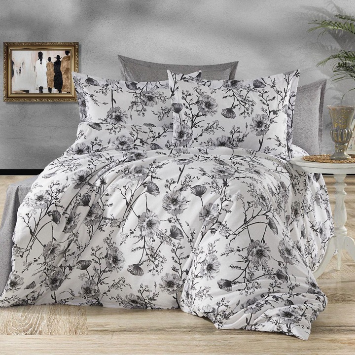 Francia ágynemű Ranforce Cotton 4 db lepedő 240 x 260 cm, paplan 200x230 cm, 2 párnahuzat 50x70 cm, szürke/fehér, Pucioasa