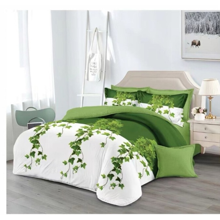 Lenjerie de pat dublu, 6 piese, 2 persoane, 180x200 cm, imprimeu frunze verzi, multicolor