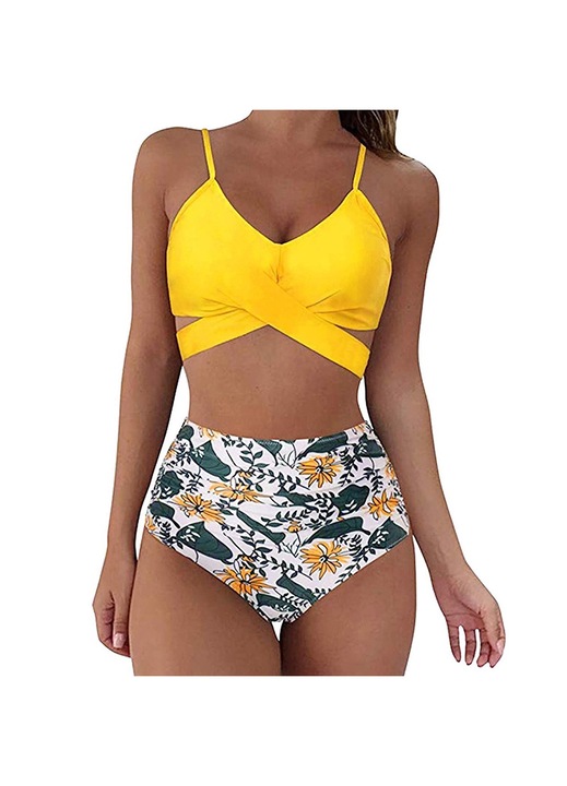 Női fürdőruha, Jormftte, kétrészes, magas derekú, V-nyakú, poliészter, többszínű
