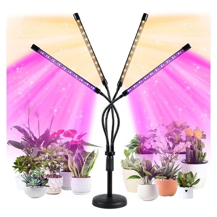 Lampa UV pentru Cresterea Plantelor 20W, OPTIM SOLUTION, 4 Capete, Extensibila, Potrivit pentru Intregul Ciclu de Crestere, pentru Plante de Interior, Ajustabila pana la 66.5 cm, Crestere Accelerata, Conectare la Retea, 72 LED-uri, Mov