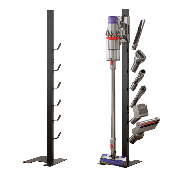 Raft de depozitare pentru aspirator, instalare fara gauri, 3 sectiuni 6 carlige pentru depozitare, detasabile, stabile si nu se agita, multifunctional, stil simplu, usor de utilizat, durabil, negru