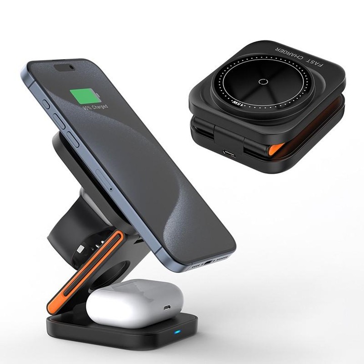 3 az 1-ben vezeték nélküli töltő, összecsukható mágneses tartó, 15W, iPhone 12-15-höz, fekete