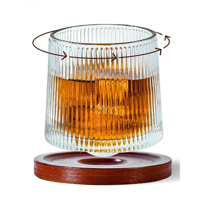 Pahare whisky, Cu un coaster din bambus, Rotatie de 360°, 160ml