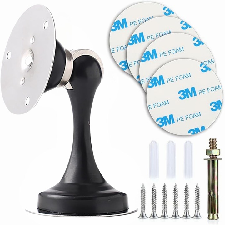 Opritor magnetic pentru usa, din otel inoxidabil, Simply Joy®, rezistent, Cu banda adeziva dublu fata 3M si suruburi de montaj, Se poate instala cu banda adeziva sau cu suruburi in podea sau perete, Negru