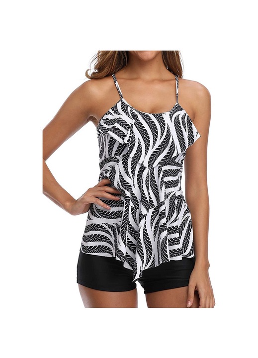 Jormftte női fürdőruha, poliészter/elasztán, réteges fodrokkal, fekete/fehér