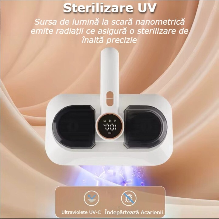 Aspirator Anti-Acarieni UV-C, Tehnologie Avansata, Filtrare HEPA, Putere Mare de Aspirare, Ultrasunete pentru Curatare Profunda a Saltelelor, Eliminand Acarienii, Bacteriile, Alergenii, Design Ergonomic, Siguranta Garantata, Functionare Fara Fir