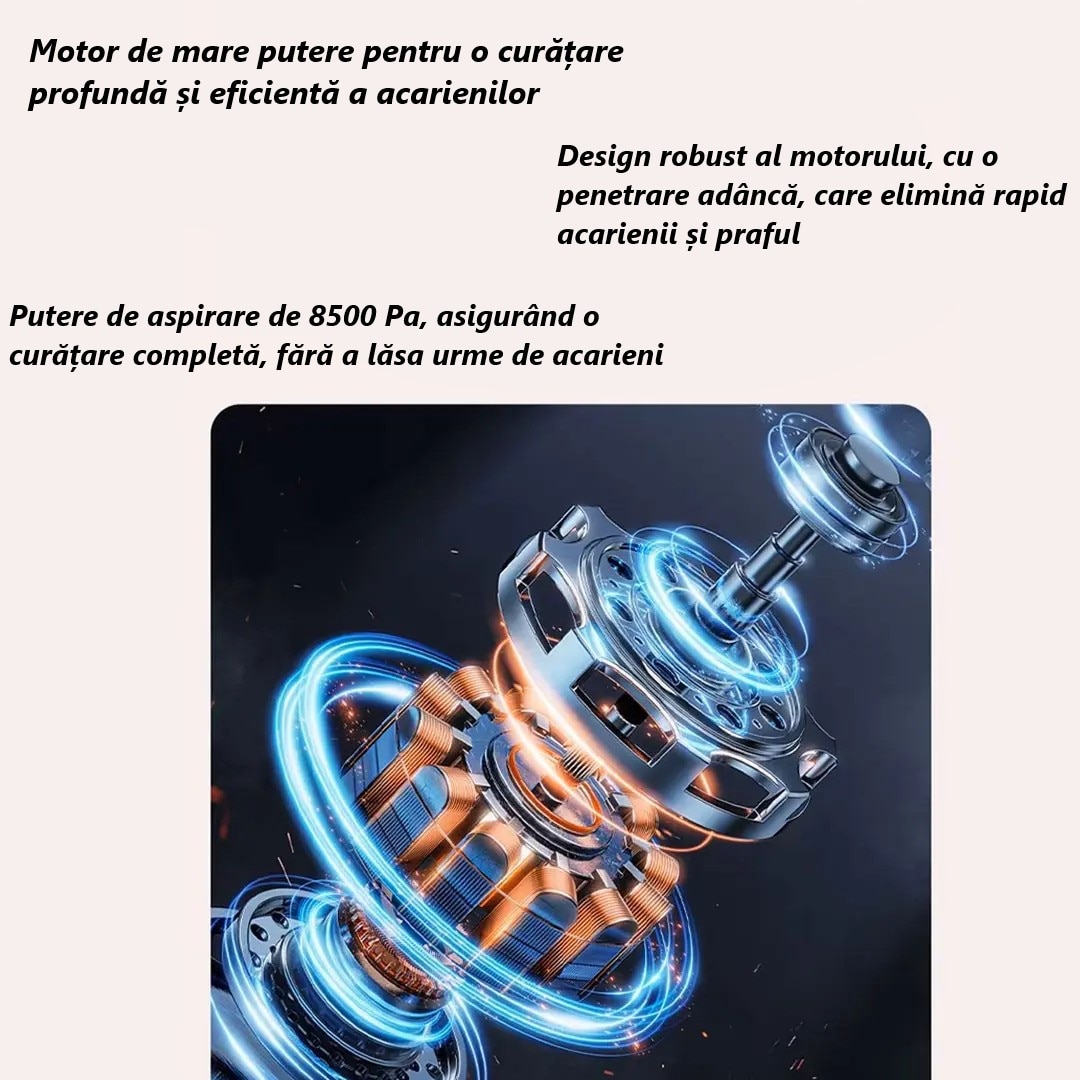 Aspirator Anti-Acarieni UV-C, Tehnologie Avansata, Filtrare HEPA, Putere Mare de Aspirare, Ultrasunete pentru Curatare Profunda a Saltelelor, Eliminand Acarienii, Bacteriile, Alergenii, Design Ergonomic, Siguranta Garantata, Functionare Fara Fir