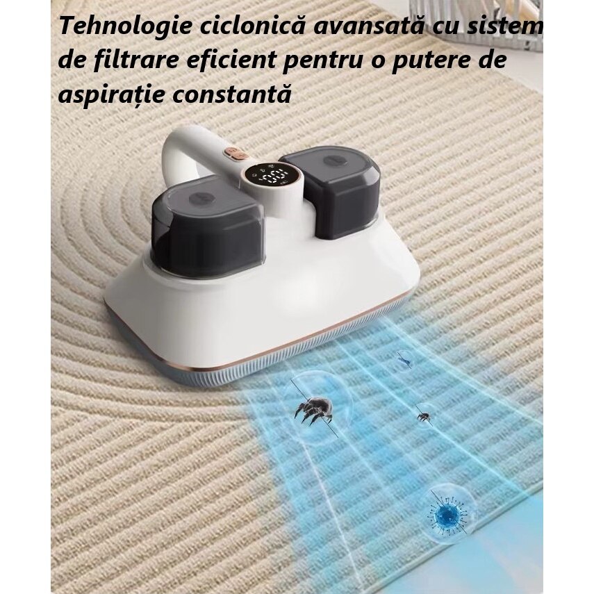 Aspirator Anti-Acarieni UV-C, Tehnologie Avansata, Filtrare HEPA, Putere Mare de Aspirare, Ultrasunete pentru Curatare Profunda a Saltelelor, Eliminand Acarienii, Bacteriile, Alergenii, Design Ergonomic, Siguranta Garantata, Functionare Fara Fir