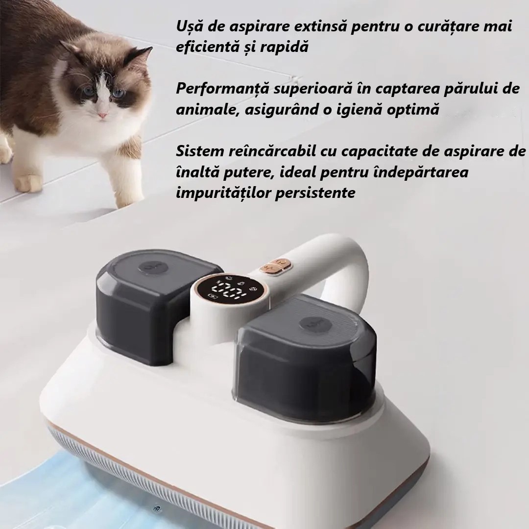 Aspirator Anti-Acarieni UV-C, Tehnologie Avansata, Filtrare HEPA, Putere Mare de Aspirare, Ultrasunete pentru Curatare Profunda a Saltelelor, Eliminand Acarienii, Bacteriile, Alergenii, Design Ergonomic, Siguranta Garantata, Functionare Fara Fir